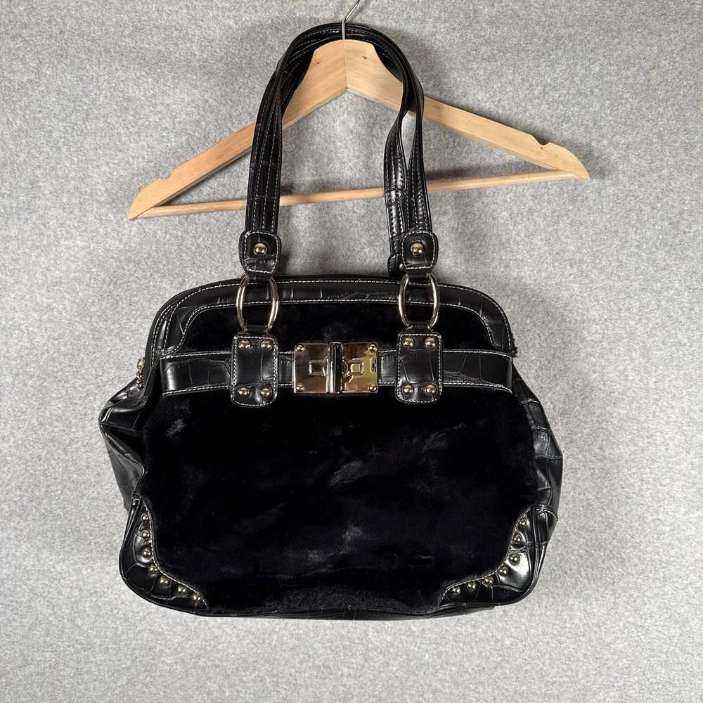 Kathy Van Zeeland Black Satchel Top Handle Zip Studded Bag Charm
